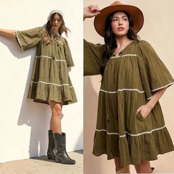 Annie Wear Olive Tiered Mini Babydoll Dress Pockets Short Sleeve NWT - Picture 1 of 15